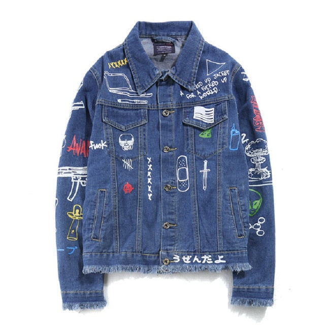 Hip Hop Fashion Printed Jeans Jacket Men  Autumn Winter Streetwear Denim Jackets Coats Cowboy Jacket Jaqueta masculina